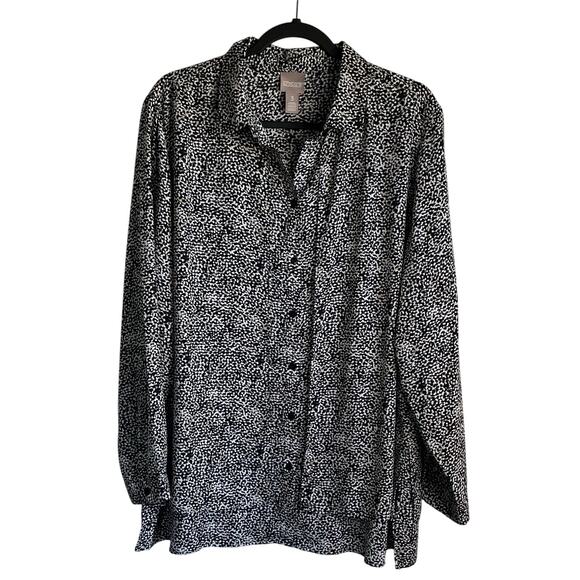 Chico’s Tunic Top Button Up Layered Overlay Abstract Print Long Sleeve Sz XL - Picture 1 of 11